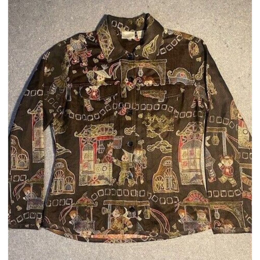 CHICO'S‎ sz 0 SMALL Button down SILK BLEND Front Jacket Embroidered Stitching